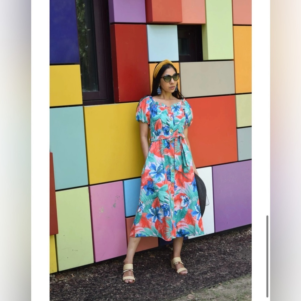 Zara Tropical Floral Off Shoulder Midi Dress S Pockets Puff Sleeve Resort Summer - Picture 5 of 16